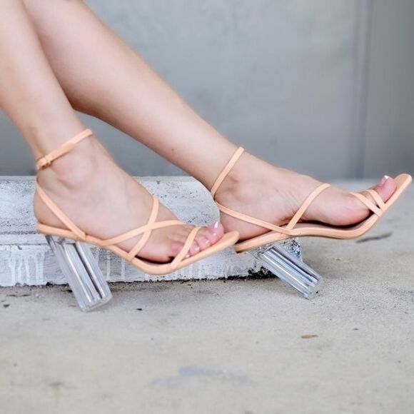 Shoes - Women Square Toe Clear Block High Heel Sandals Peach Color